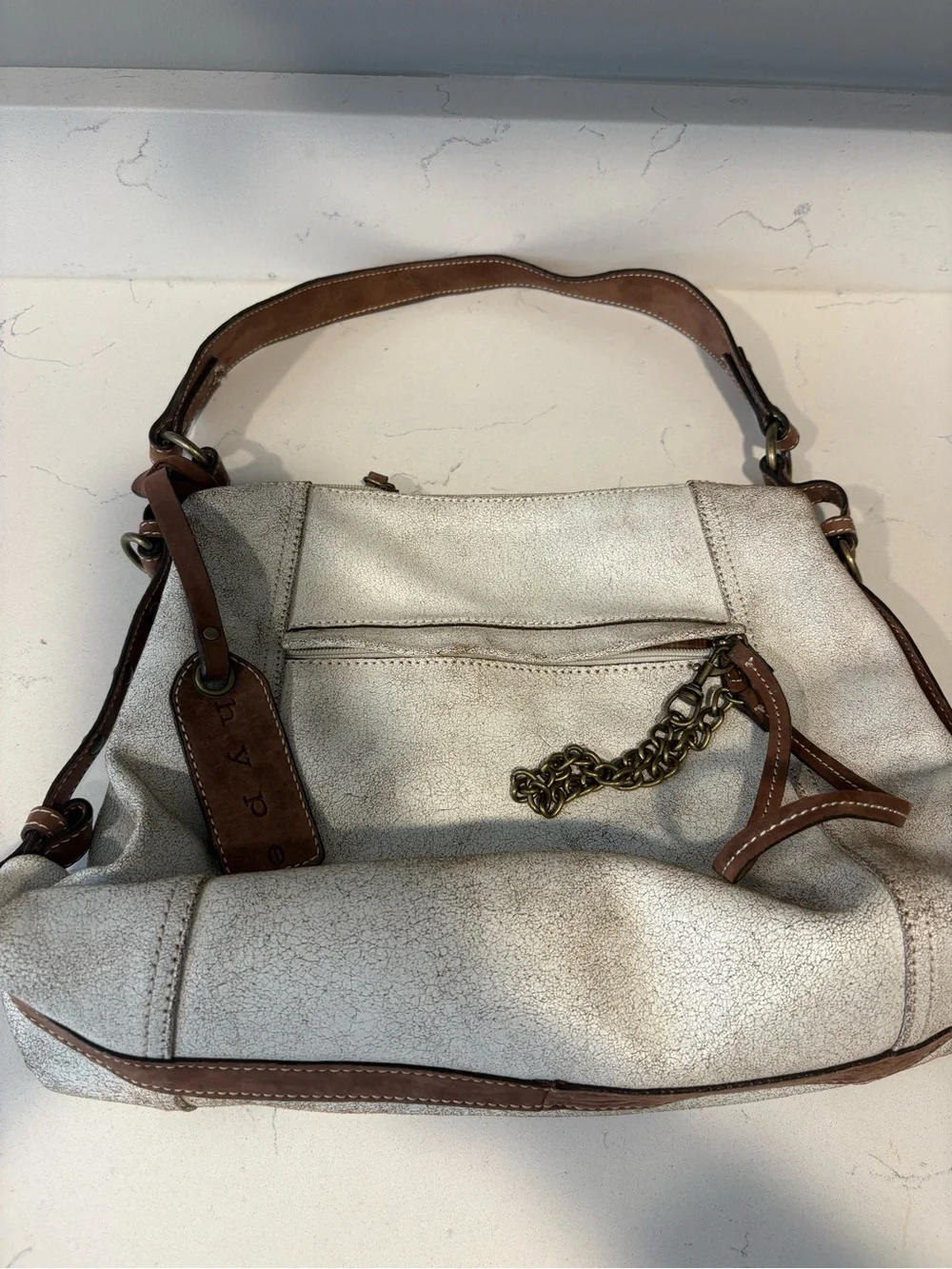 white crackle distressed leather Hype Shoulder Bag